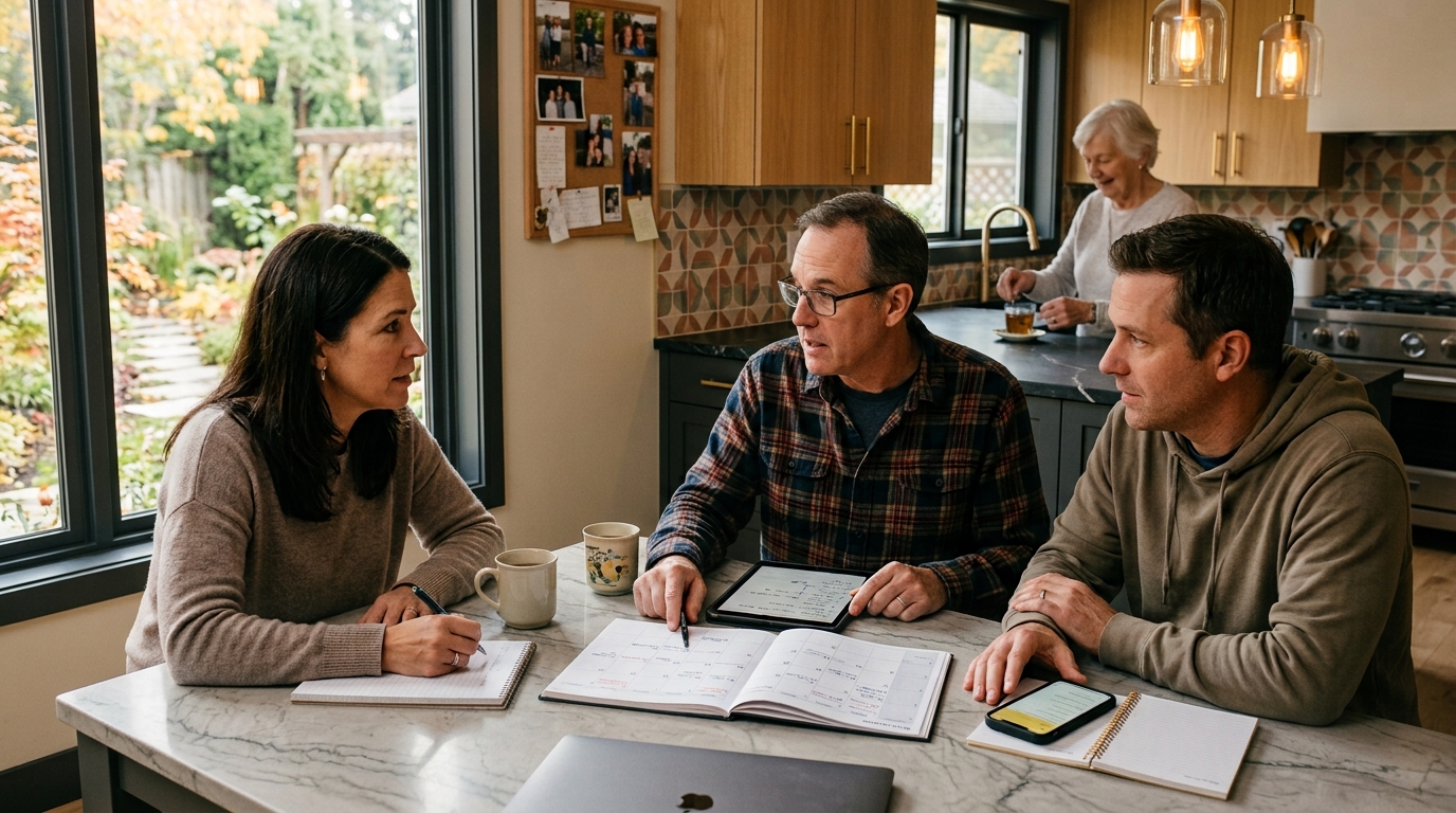 Three adult siblings planning their parent's care together at a kitchen island with a calendar, tablet, and notebooks, while their elderly mother makes tea at the counter behind them