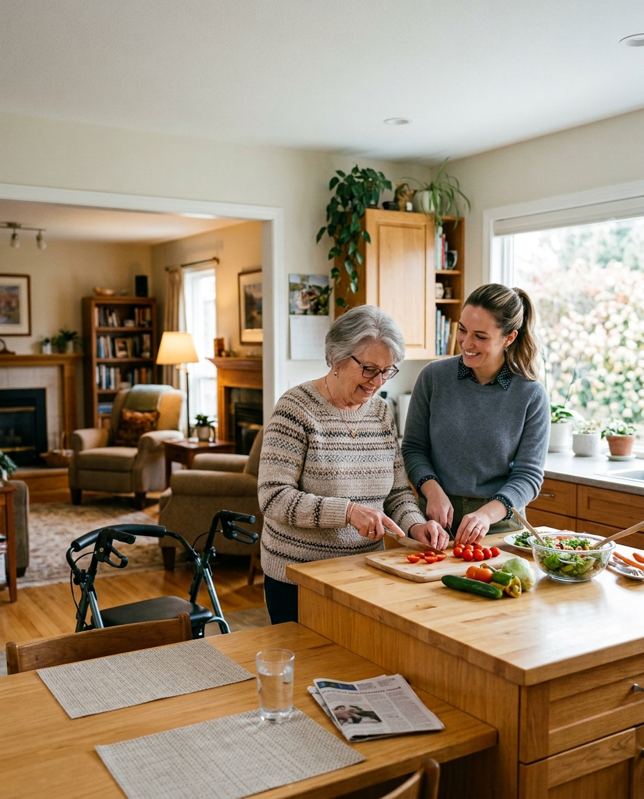 An older woman and her Caregiver preparing vegetables together at a kitchen island, with a walker nearby
