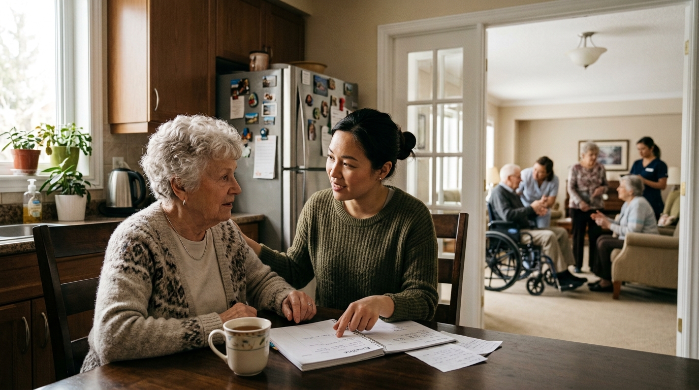 An older woman and a younger woman discussing care options over paperwork at a kitchen table, with seniors and Caregivers gathered in a sitting room behind them