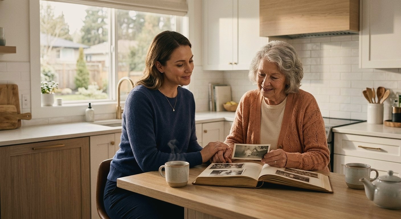 A caregiver and an older woman looking through a photo album together at a kitchen table