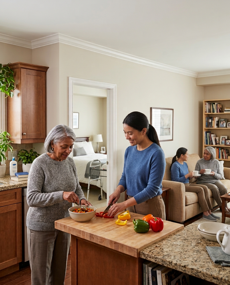 An older woman and her Caregiver preparing vegetables together at a kitchen island while family members visit in the living room behind them