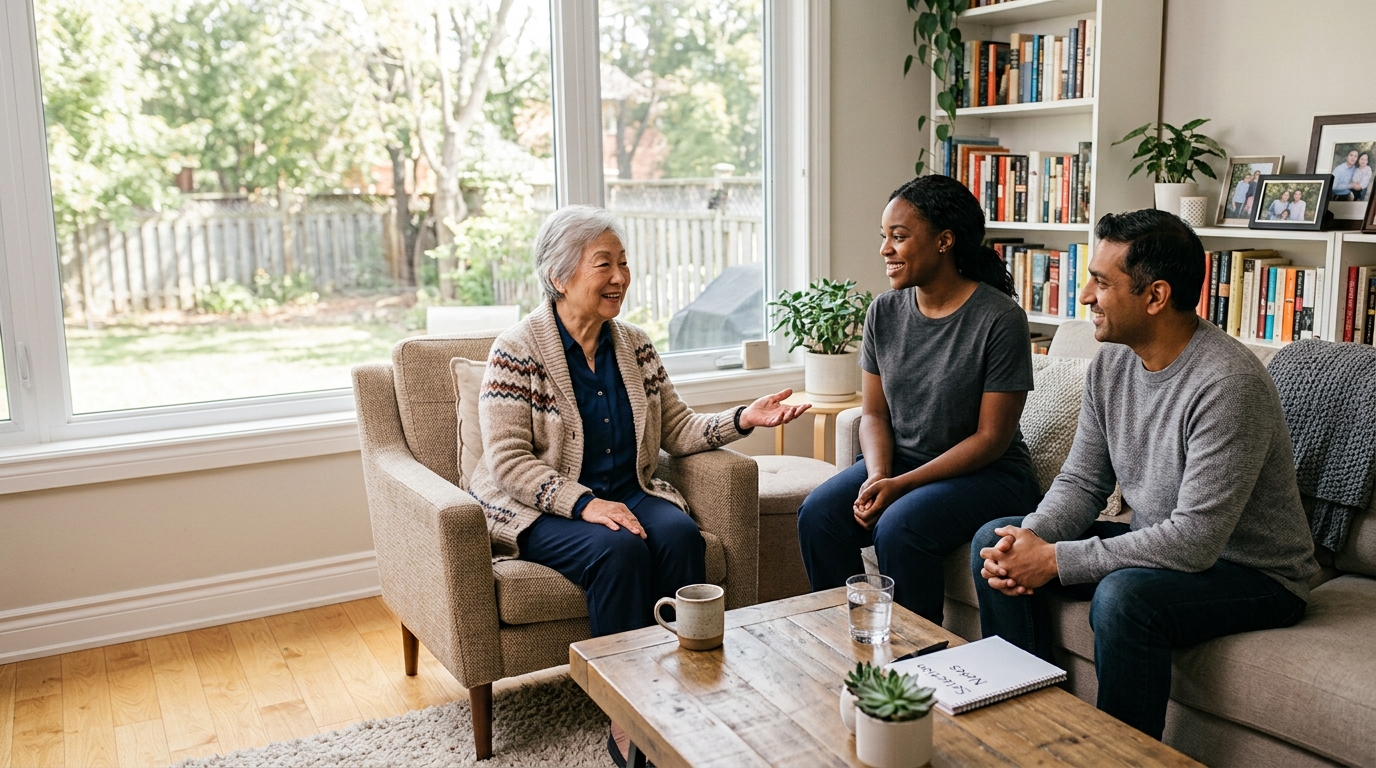 An older woman talking with a prospective PSW and her adult son in a bright living room, with a care-planning notebook on the coffee table