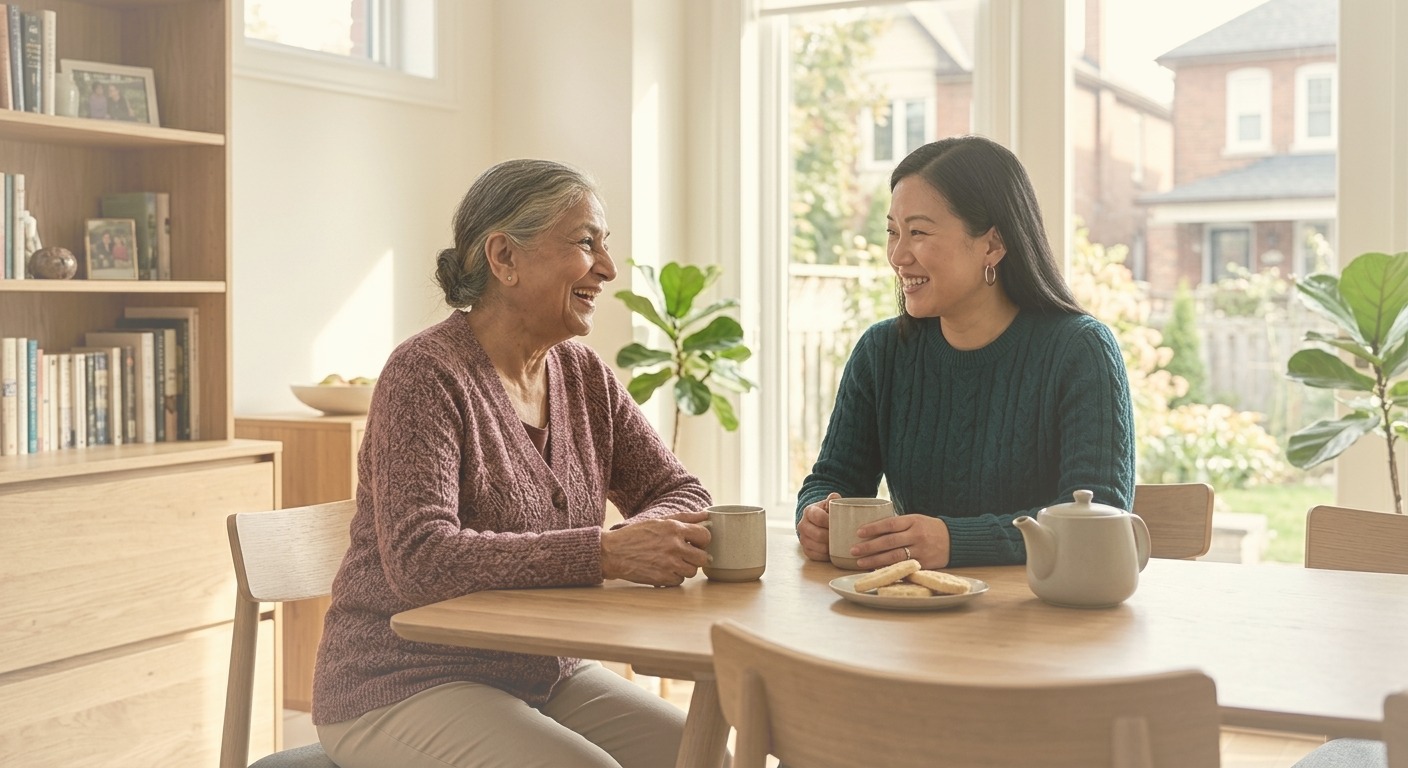 A caregiver and an older adult sharing tea and conversation at a sunlit kitchen table
