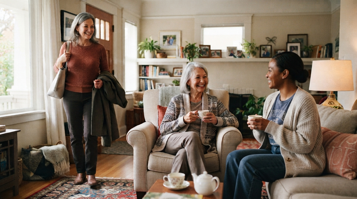 An older woman sharing tea with a Caregiver in her living room while her adult daughter prepares to go out, carrying her coat and bag