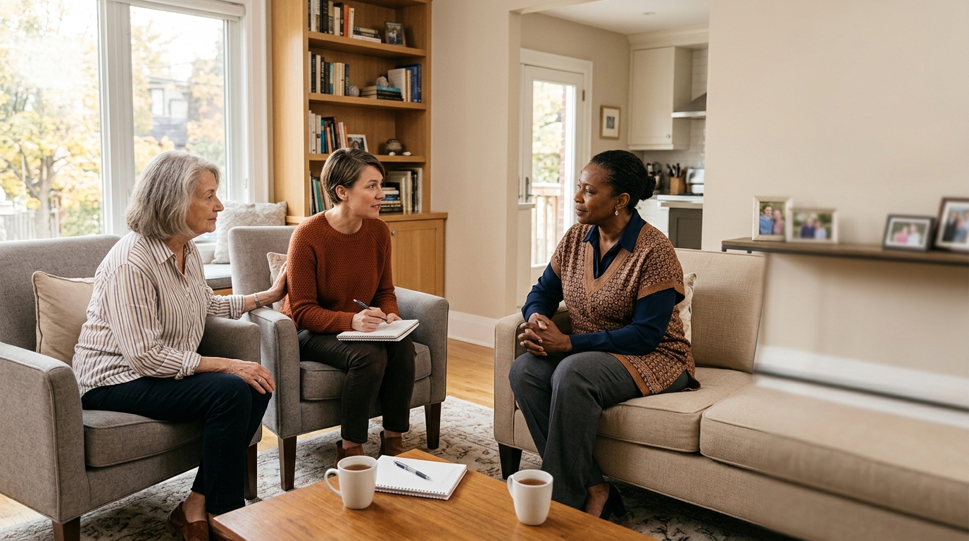 A daughter and her elderly mother interviewing a prospective PSW in their living room, taking notes over coffee