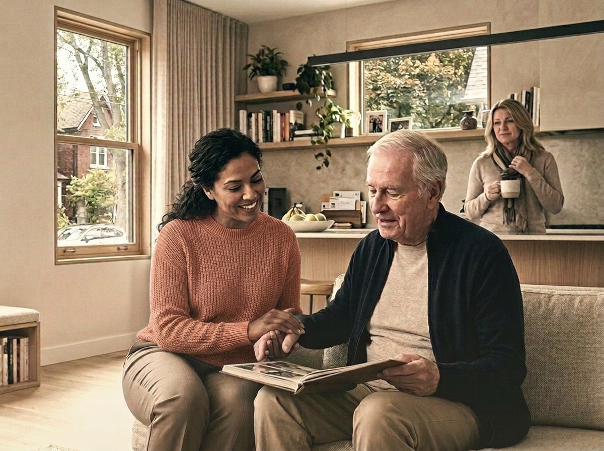 A family caregiver resting on the sofa while a caregiver supports her parent