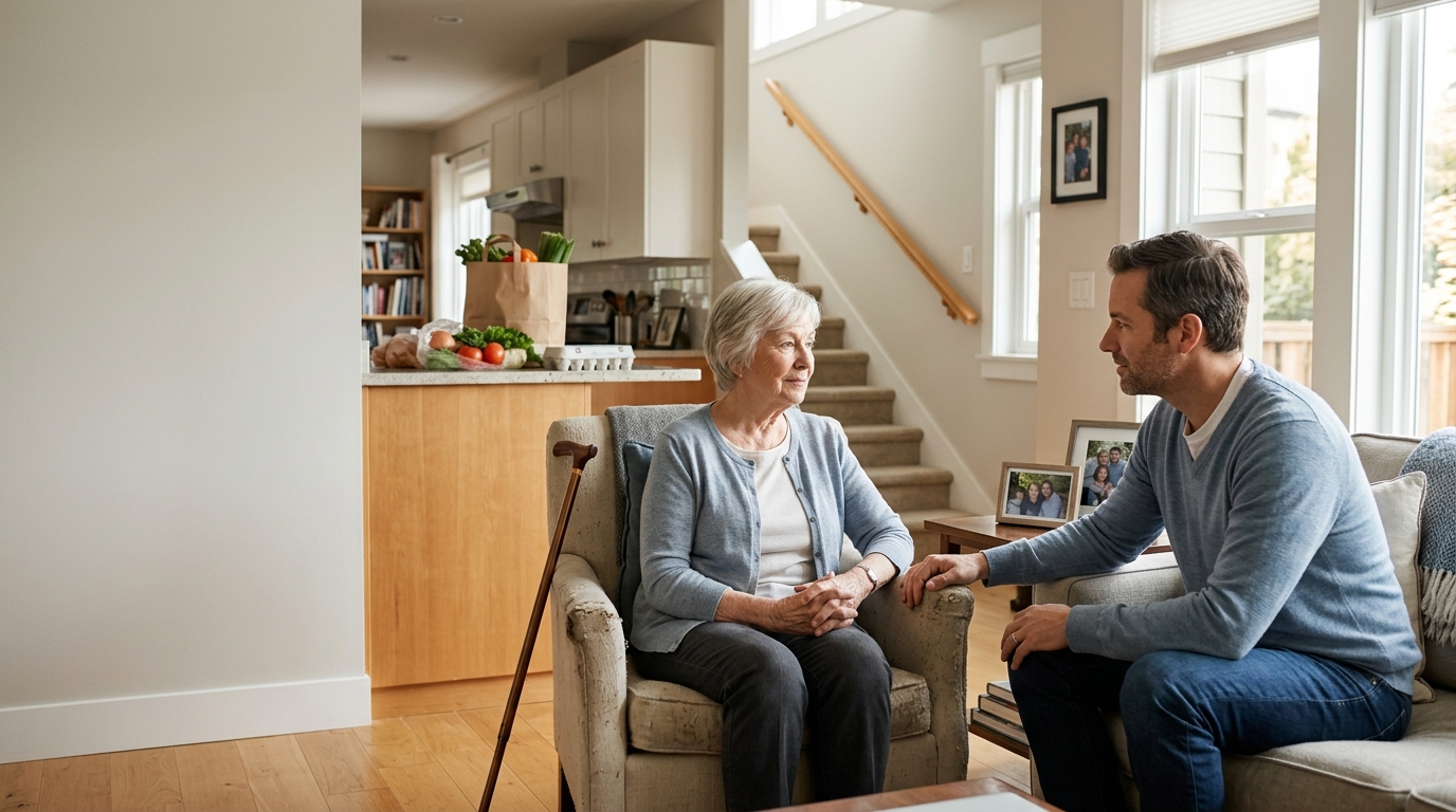 An older woman seated in an armchair beside her cane, talking with her adult son in her living room, with groceries on the kitchen counter and a staircase behind them