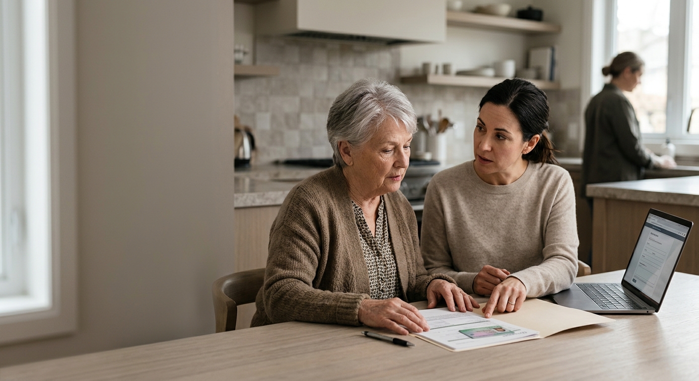 A Care Coordinator and an older adult reviewing home care options and paperwork together at the kitchen table