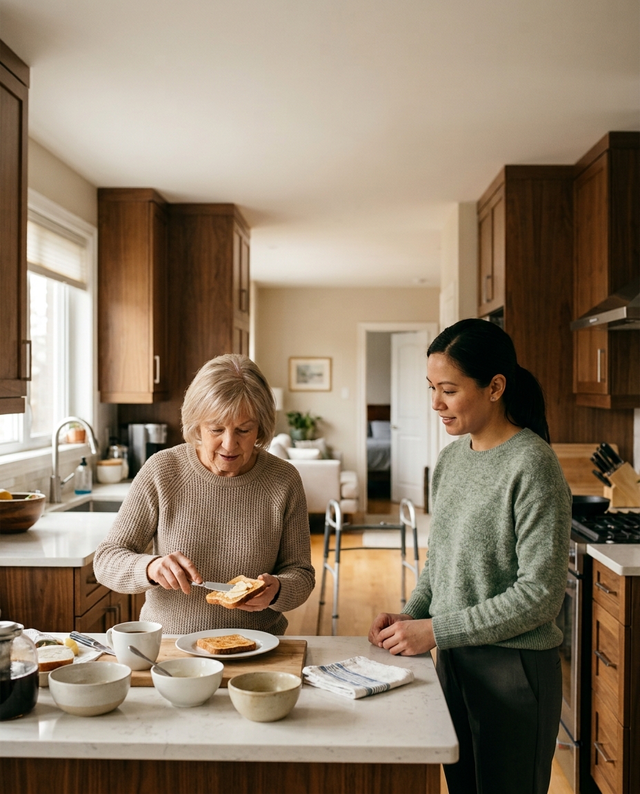 An older woman preparing toast at her kitchen island while her Caregiver stands nearby, with a walker visible in the background