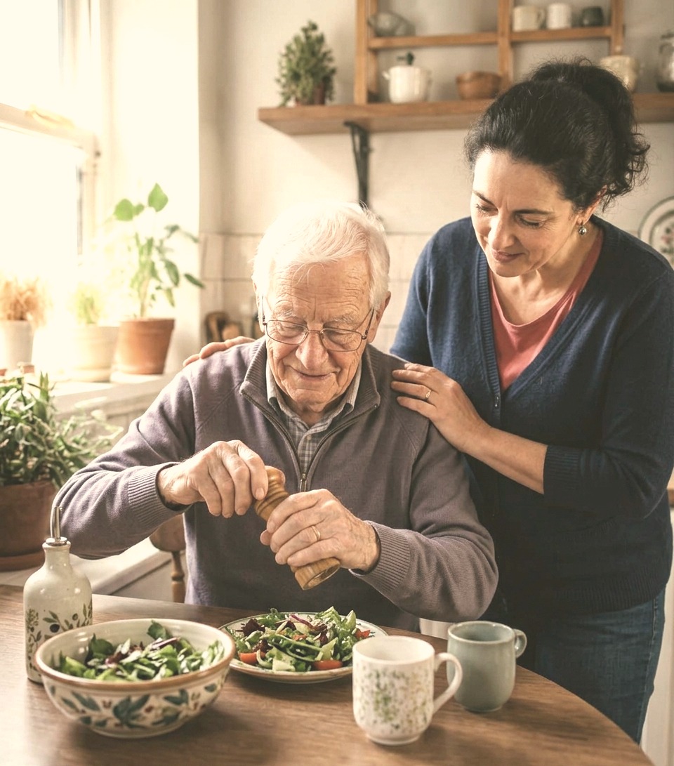 A caregiver helping an older adult prepare a fresh meal in a warm kitchen