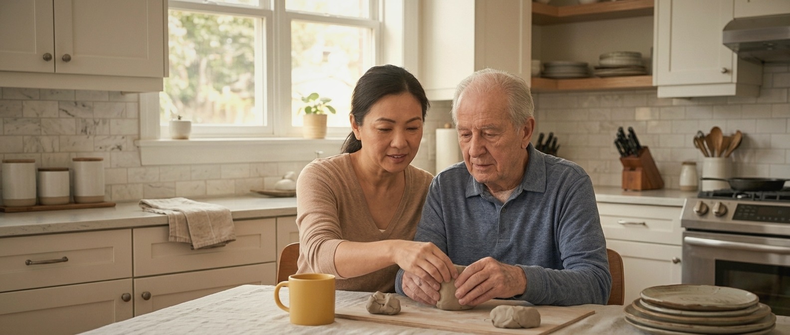 A Caregiver and an older man doing pottery together at a kitchen table in a bright Scarborough home
