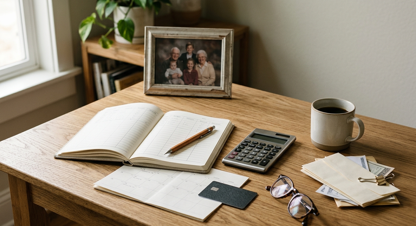 A home care budget planner, calculator, bills, and family photo arranged on a kitchen table