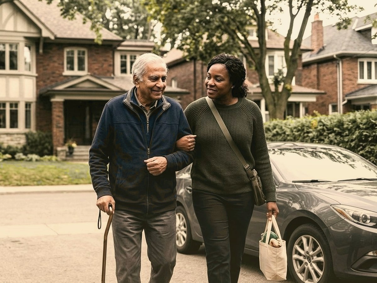 A Caregiver walking arm in arm with an older man along a tree-lined street outside his home