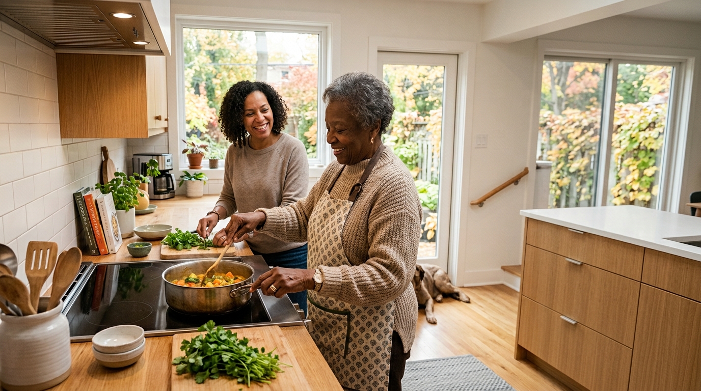 An older woman stirring a pot at her kitchen stove while her adult daughter chops herbs beside her, cooking together in a bright home kitchen