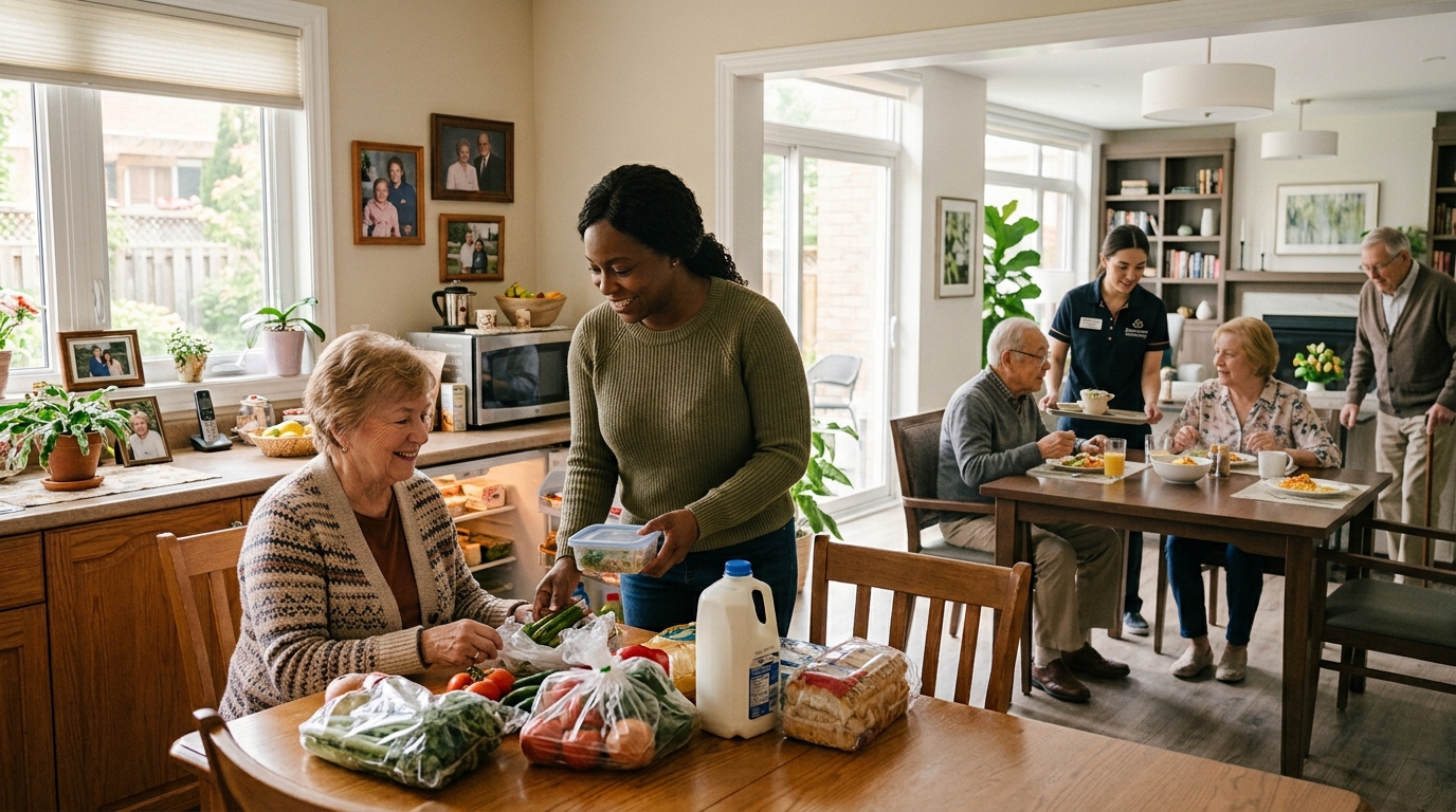 A Caregiver helping an older woman unpack groceries at her kitchen table, with seniors and a staff member sharing a meal in a dining room behind them