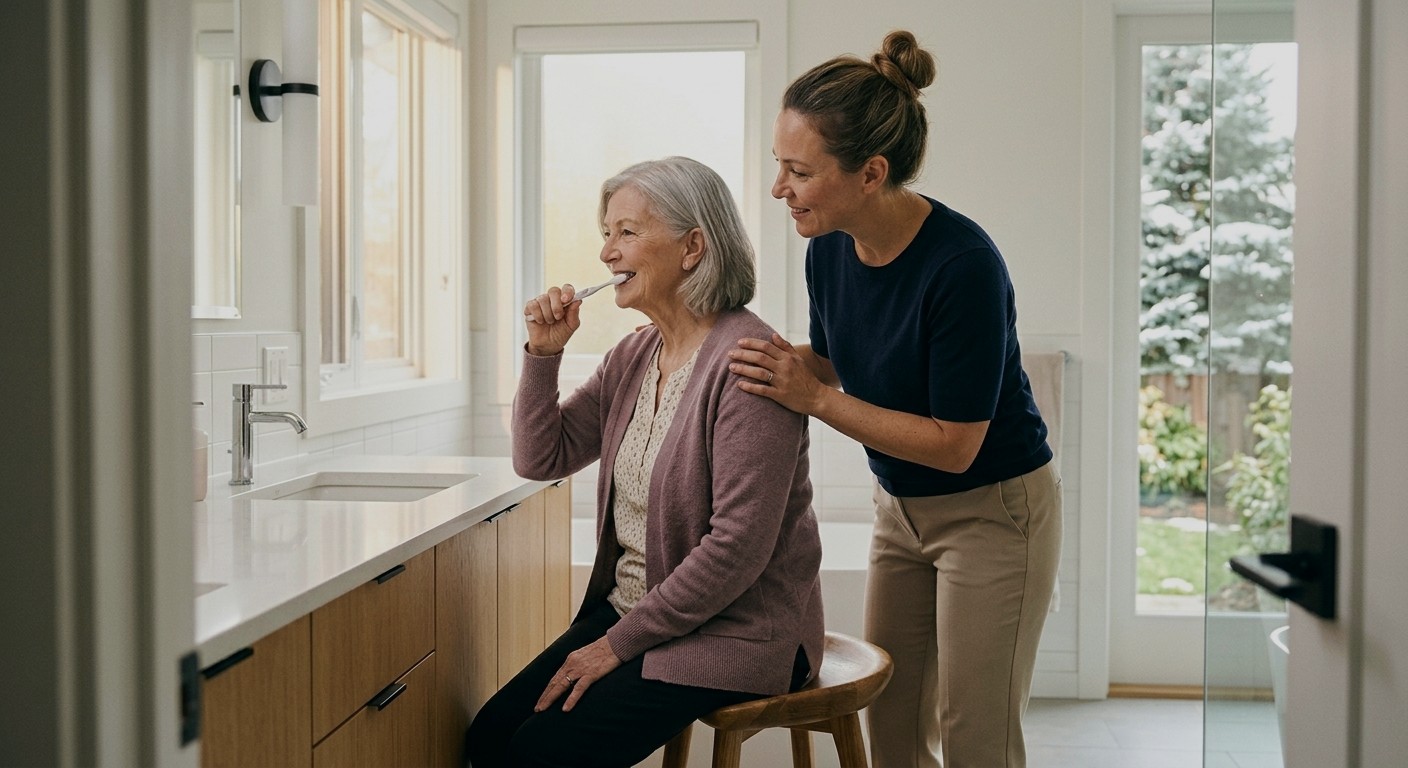 A Caregiver supporting an older adult with her morning routine at home