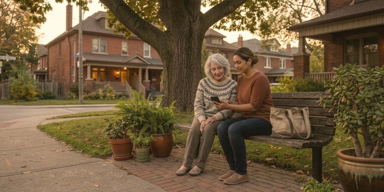 A PSW and an older adult sitting together on a bench in a Toronto neighbourhood at sunset