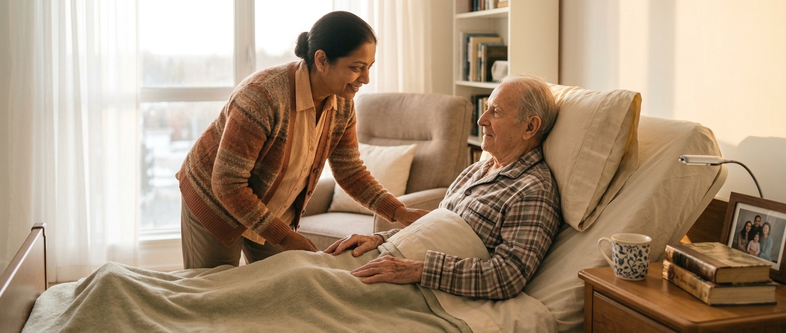A Personal Support Worker sitting with an older adult at a kitchen table in natural light