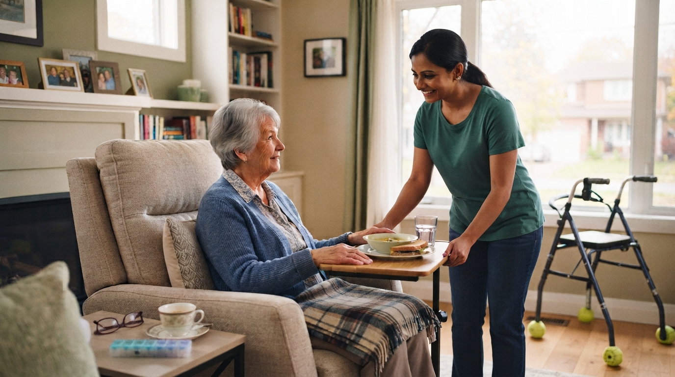 A Caregiver serving a meal to an older woman resting in an armchair at home, with a walker nearby during her recovery