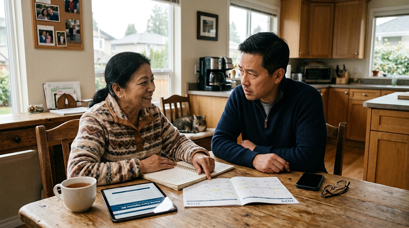 An adult son and his mother sitting at a kitchen table, planning her care together with a notebook, calendar, and tablet in front of them