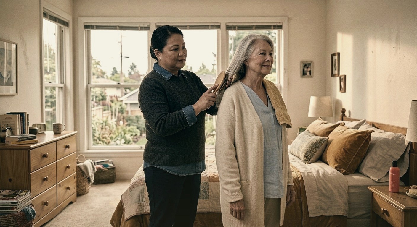 A caregiver gently brushing an older woman's hair in her sunlit bedroom