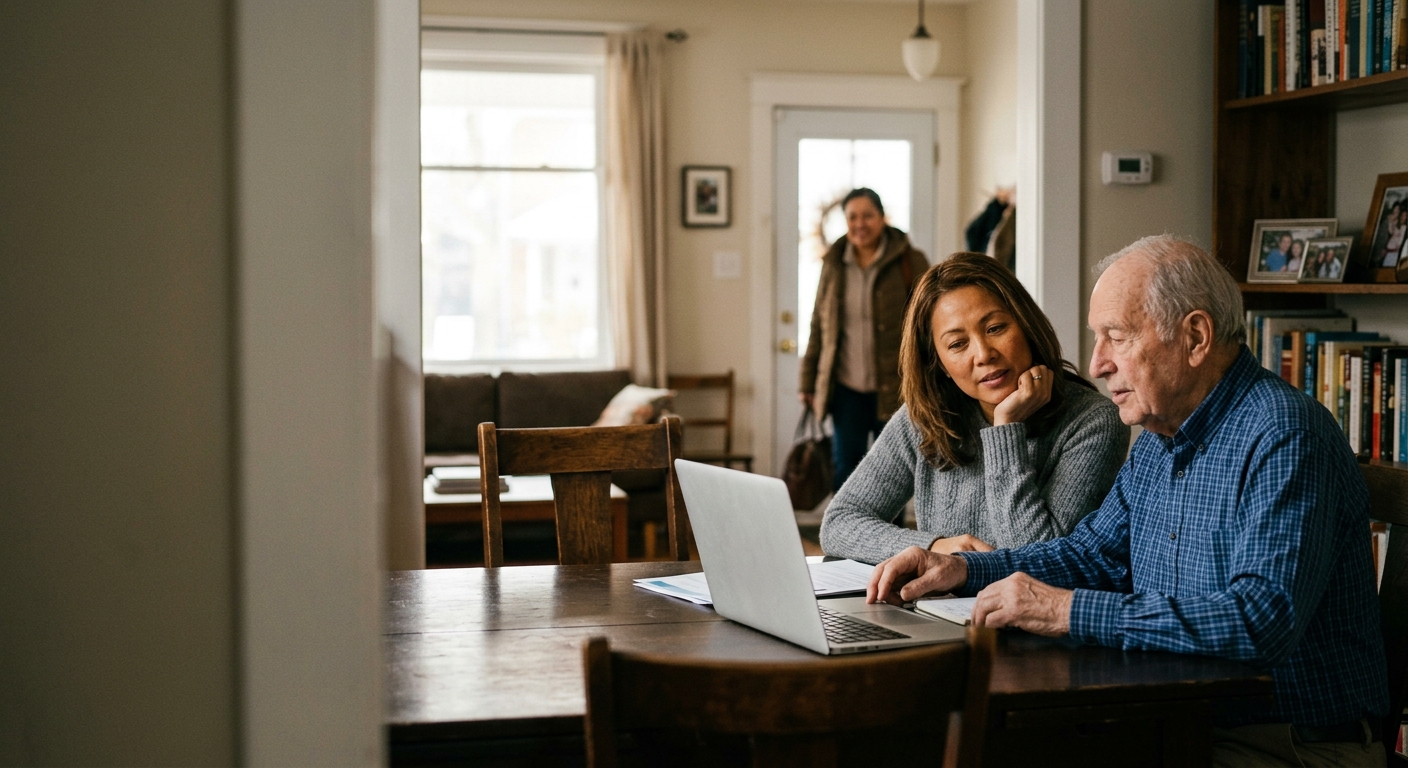 An older man and his daughter reviewing PSW care options together on a laptop at the kitchen table