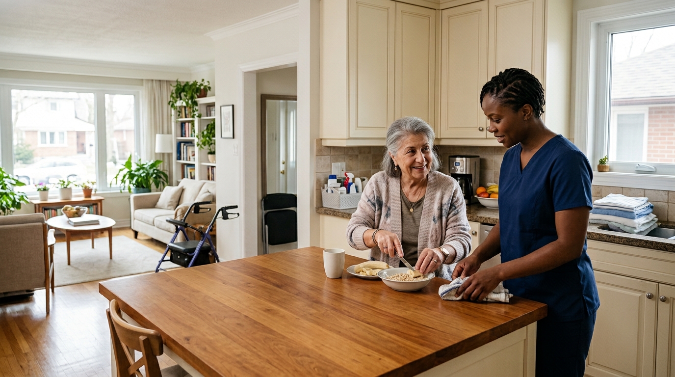 A Personal Support Worker supporting an older woman during breakfast at her kitchen island, with a walker nearby