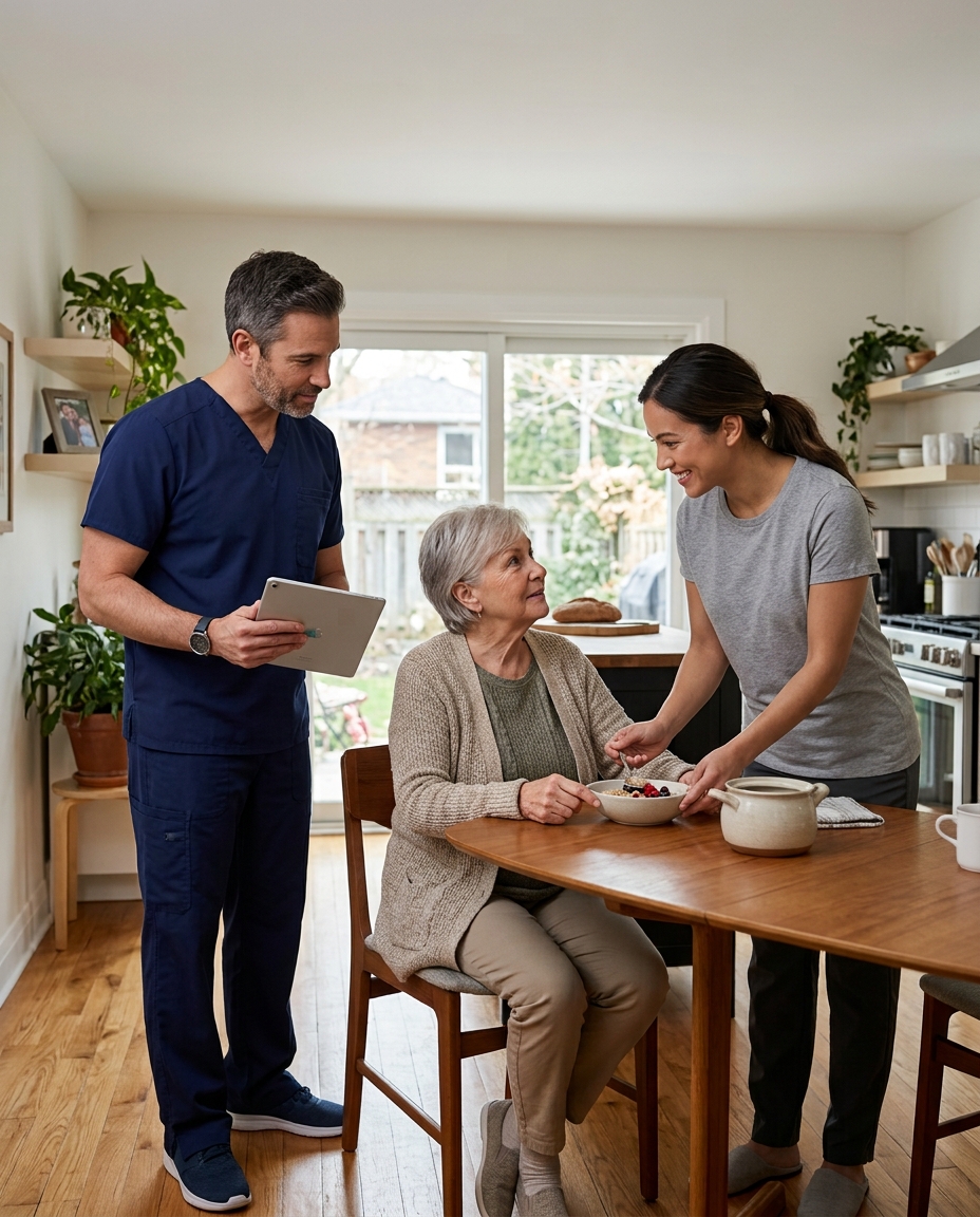 A nurse in scrubs holding a tablet beside an older woman seated at her kitchen table while her Caregiver serves her breakfast