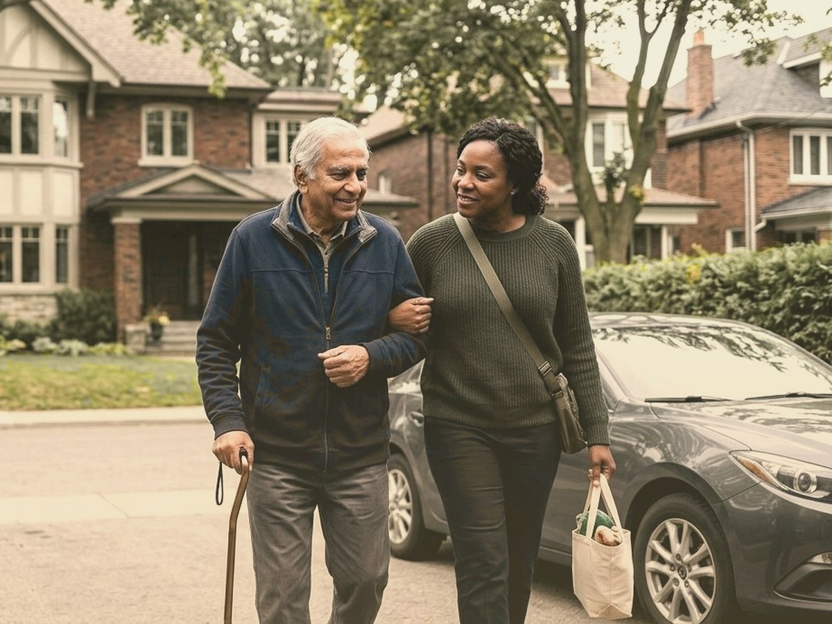 A Caregiver walking arm in arm with an older man along a tree-lined street outside his home