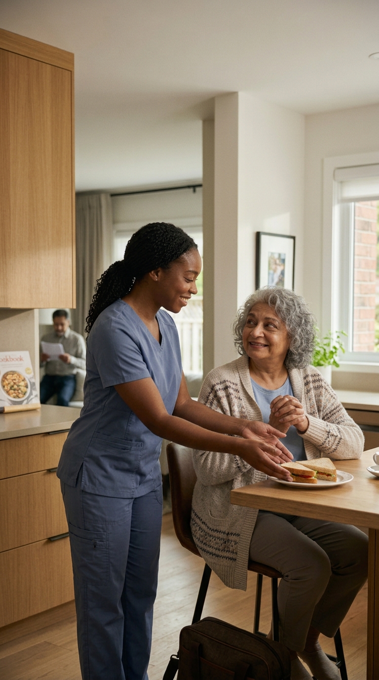 A Caregiver serving a sandwich to an older woman at her kitchen table as a family member sits nearby