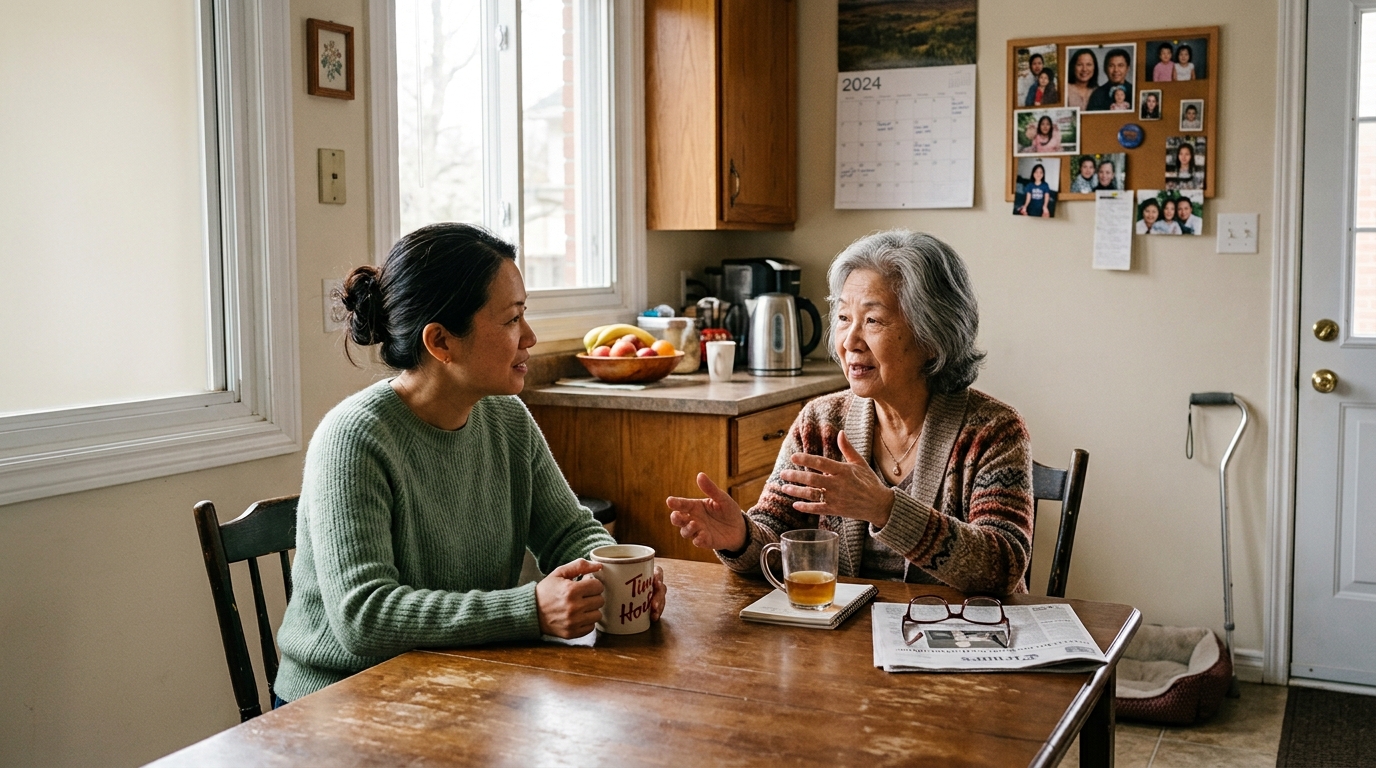 A younger woman listening to an older woman as they talk over tea at a kitchen table, with family photographs on the wall and a walking cane nearby