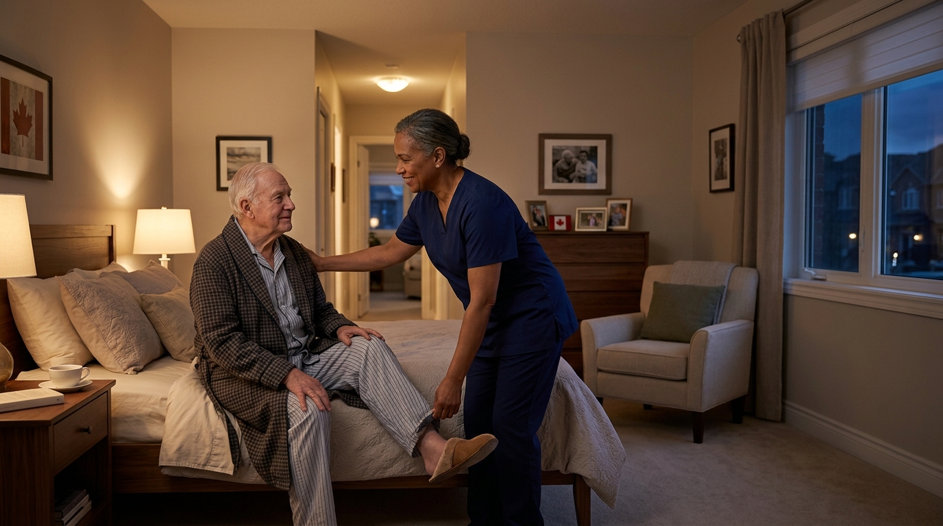 A Caregiver helping an older man seated on the edge of his bed put on a slipper in his bedroom at night