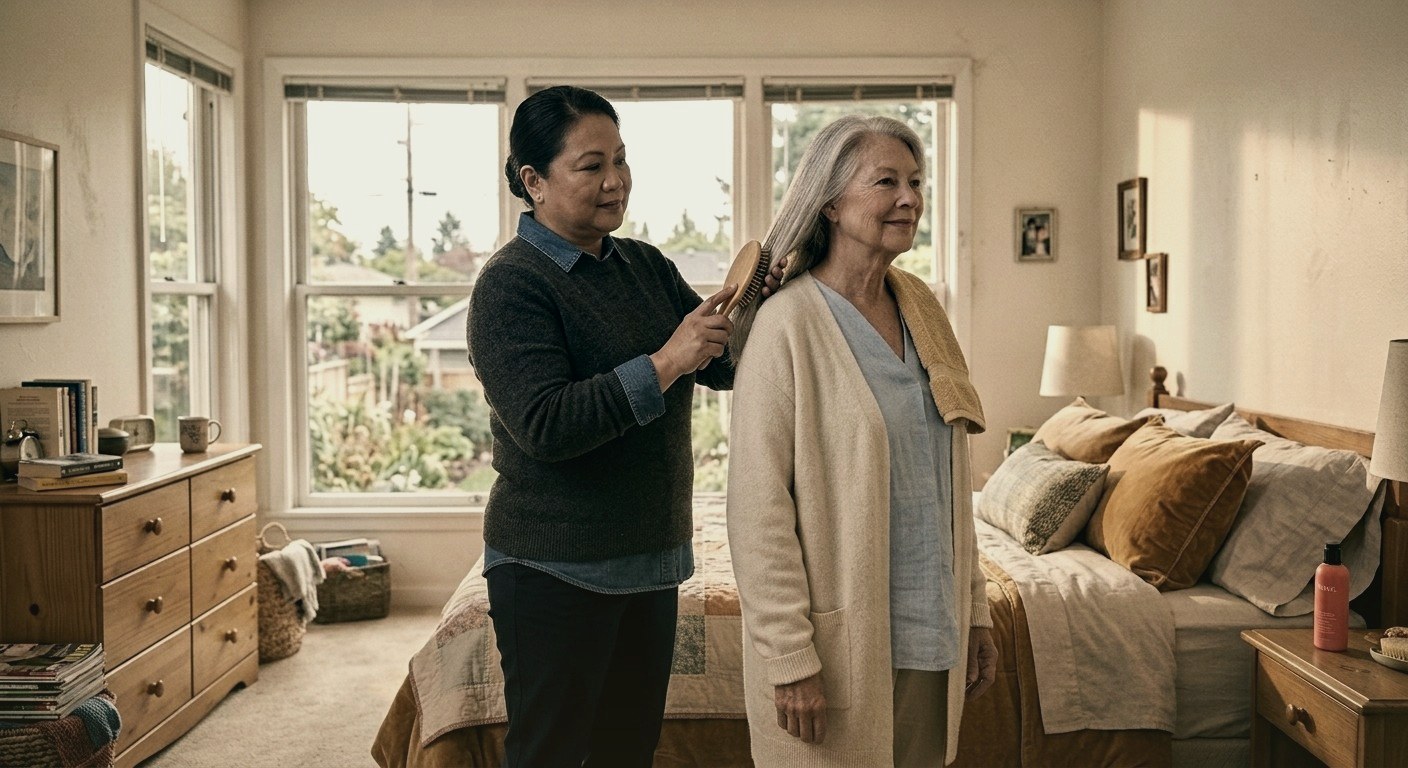 A caregiver gently brushing an older woman's hair in her sunlit bedroom