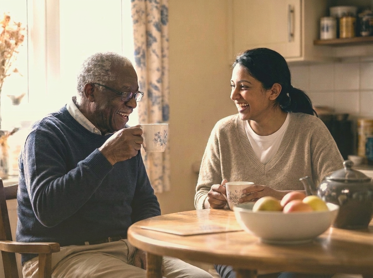 A Caregiver supporting an older adult on a walk outdoors