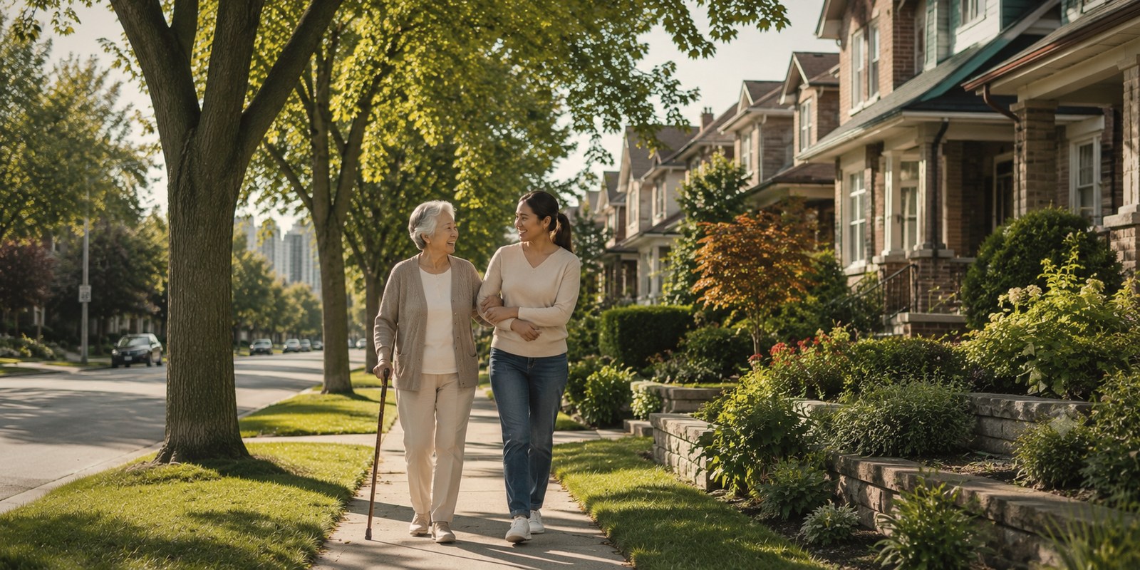A Caregiver walking arm-in-arm with an older woman along a tree-lined North York residential street