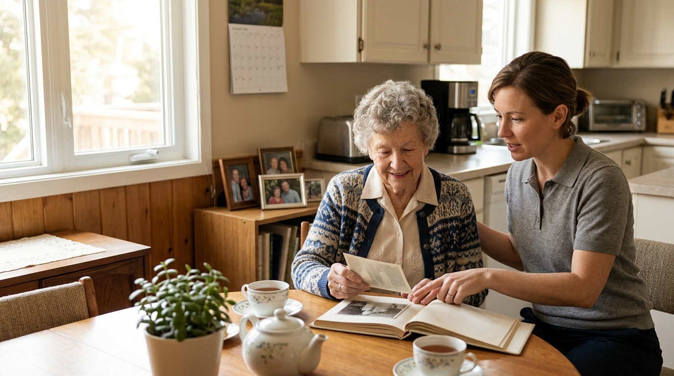 An older woman and her Caregiver looking through a family photo album together at a kitchen table