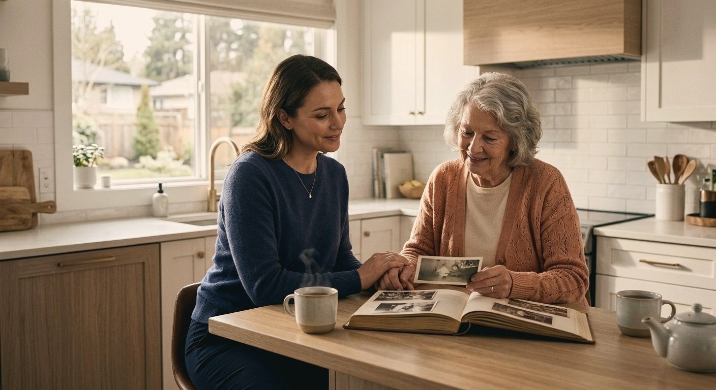 A caregiver and an older woman looking through a photo album together at a kitchen table