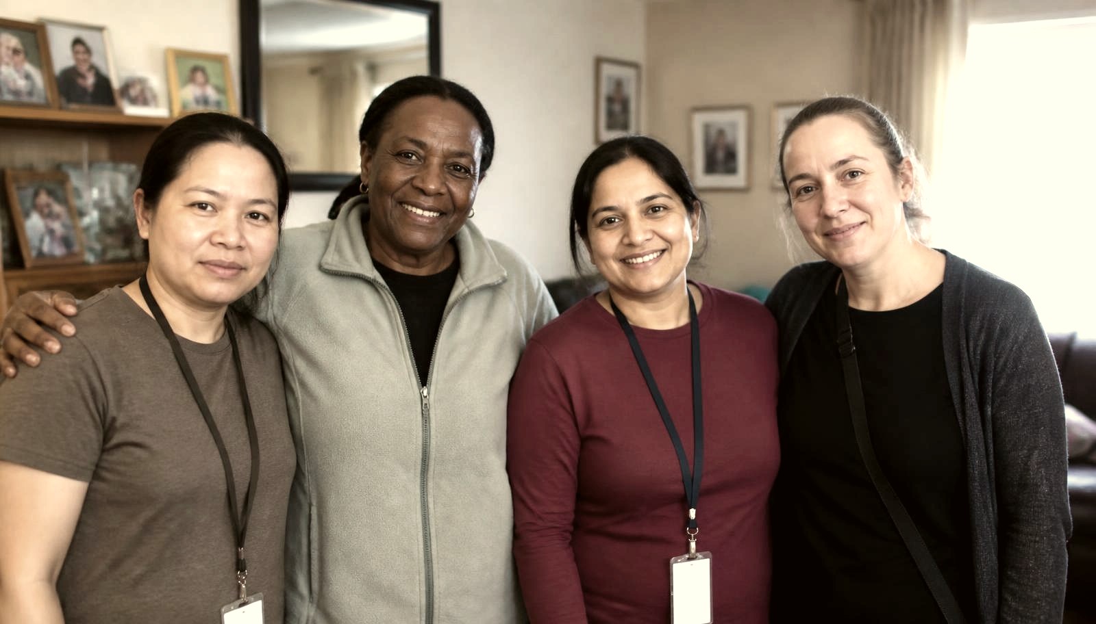 A group of Vidal Home Care Personal Support Workers standing together in a family's living room