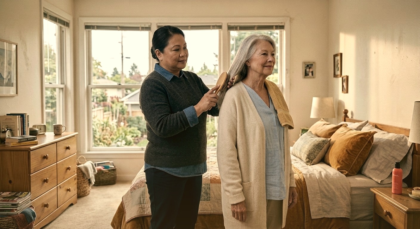 A caregiver gently brushing an older woman's hair in her sunlit bedroom