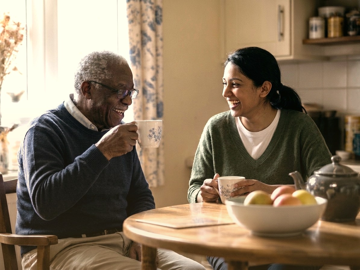 An older man and his caregiver laughing together over tea at a kitchen table